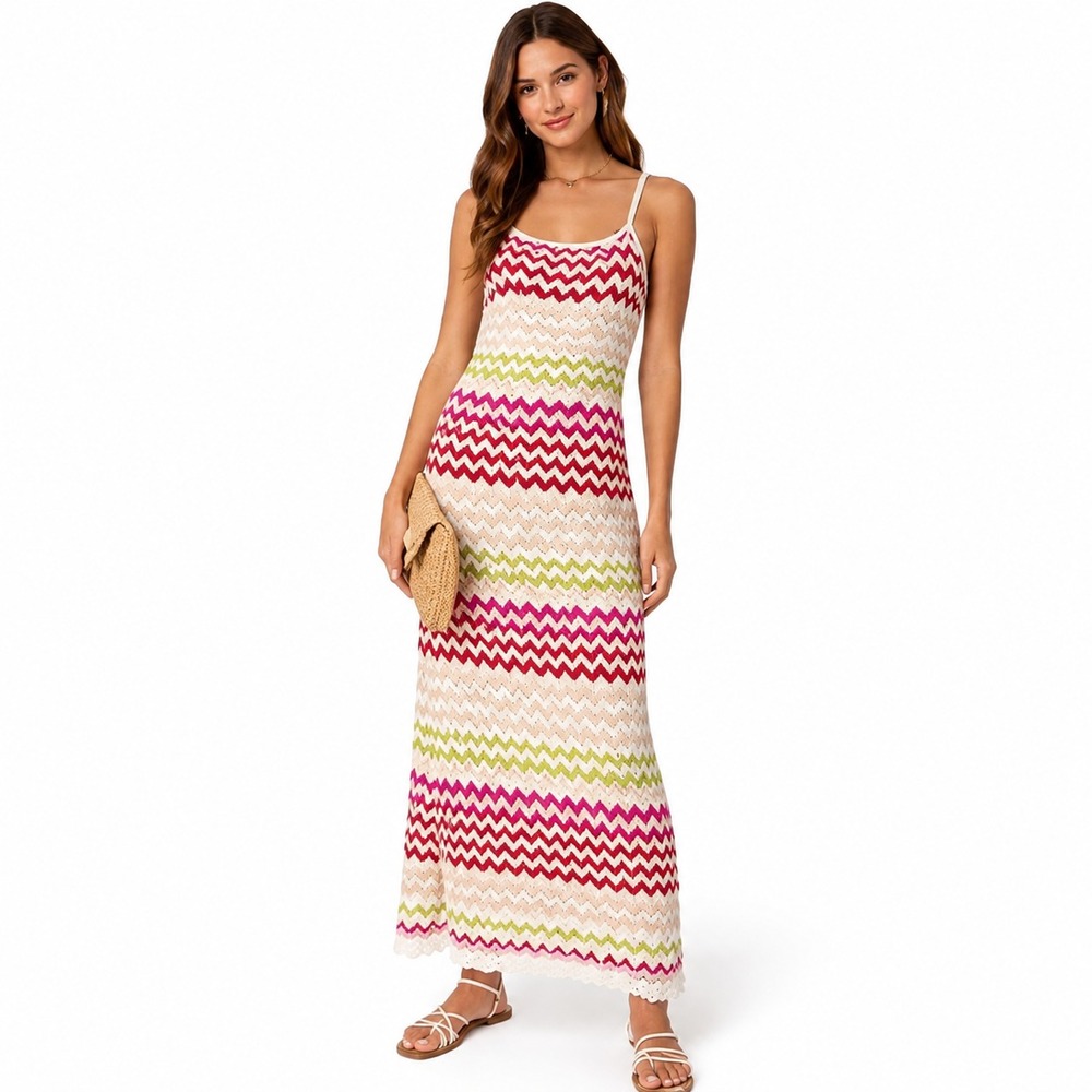 Rachel Zoe Crochet Knit Maxi Dress NWT White Pink Chevron Sleeveless Sz M Resort